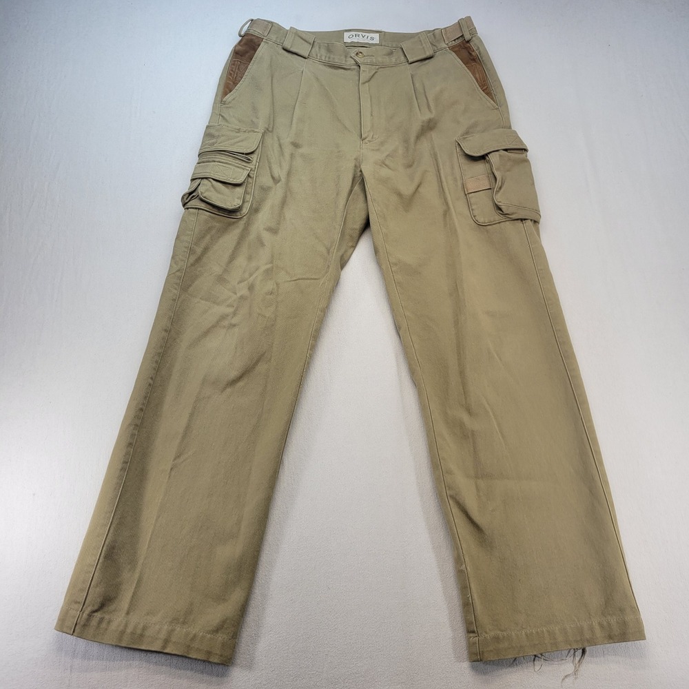 Orvis Cargo Pants Mens 34 Khaki Safari Leather Trim Pleated Outdoor Utility